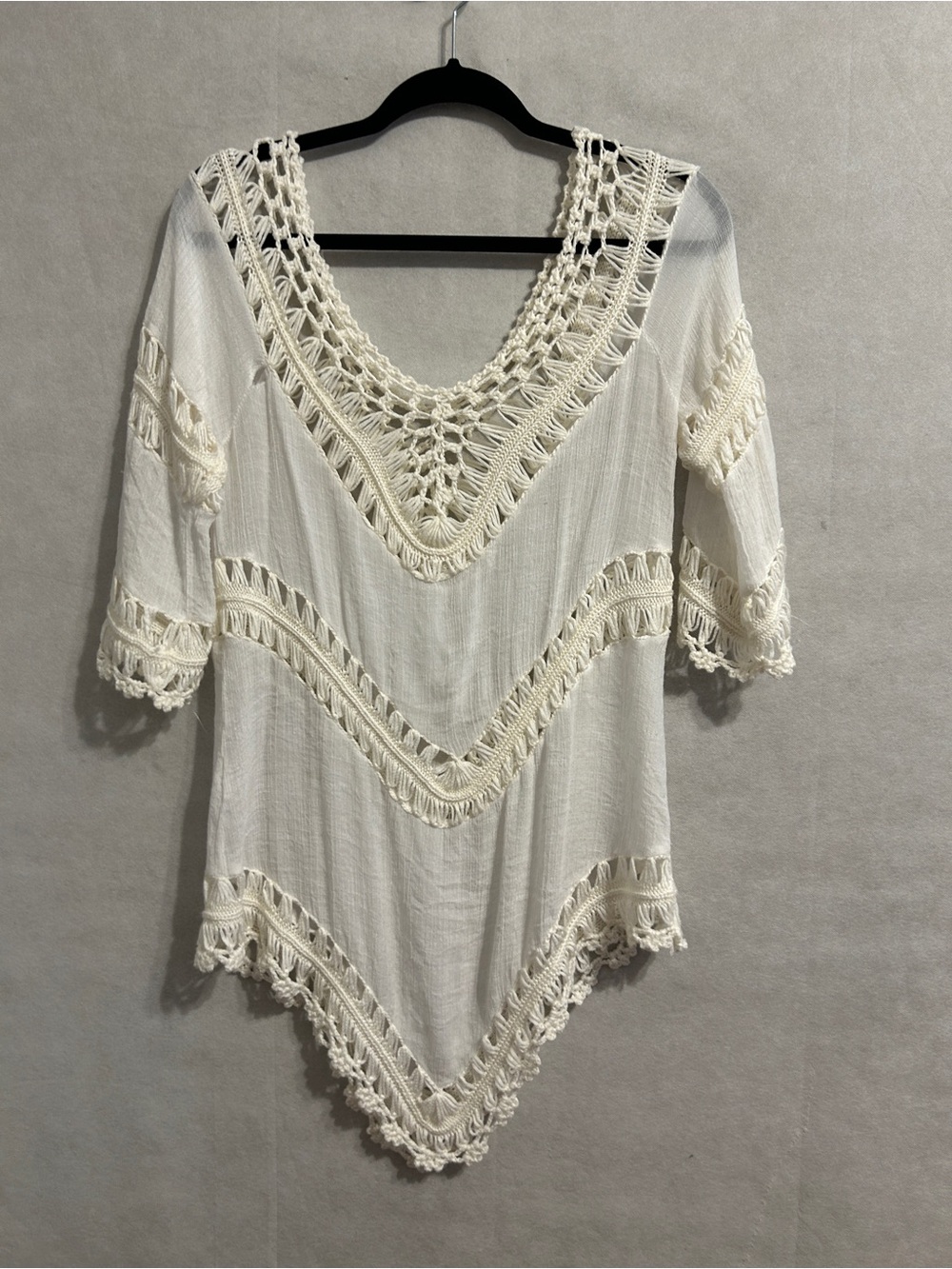 oho Crochet Lace Cream Tunic Top Size M Cottagecore Festival Beachy Sheer Blouse - Picture 4 of 5